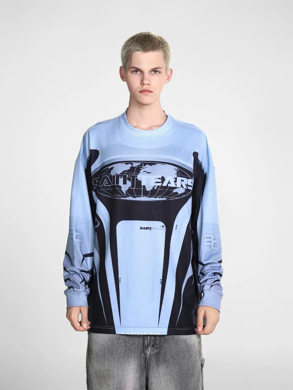 Saint michael tears all-over printed long-sleeved vintage autumn and winter T-shirt Style number: 113 Size: M L XL Wholesale price: 136 Color: white gray blue